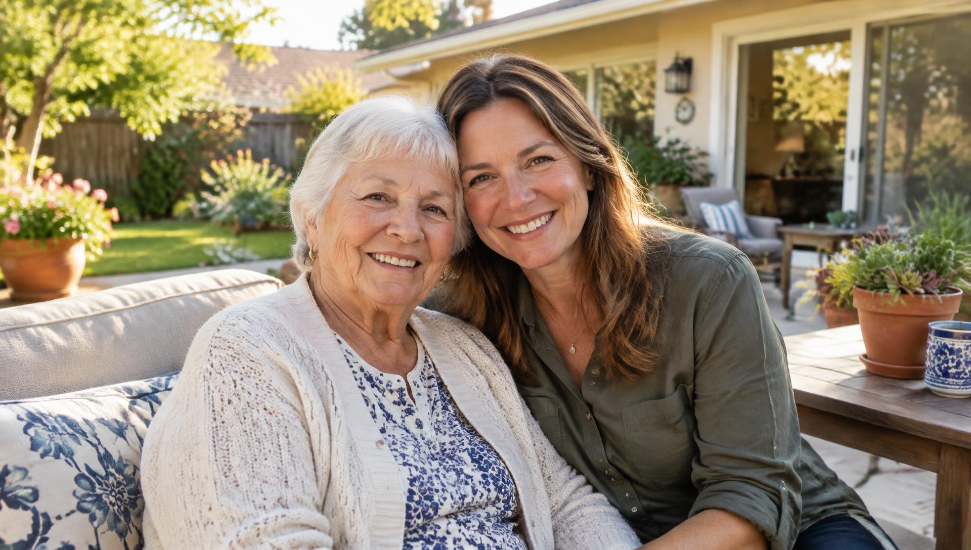 An older woman and her daughter smiling together on a sunny backyard patio (placeholder photo)